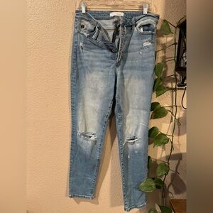 Kancan Women's Blue Distressed Denim Button Fly High Rise Mom Jean